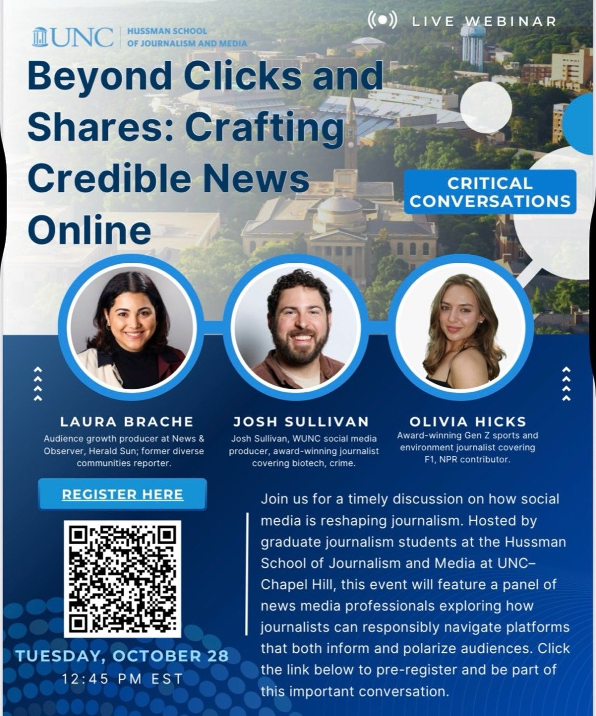 Promotional graphic for the Critical Conversations live webinar, Beyond Clicks and Shares: Crafting Credible News Online.